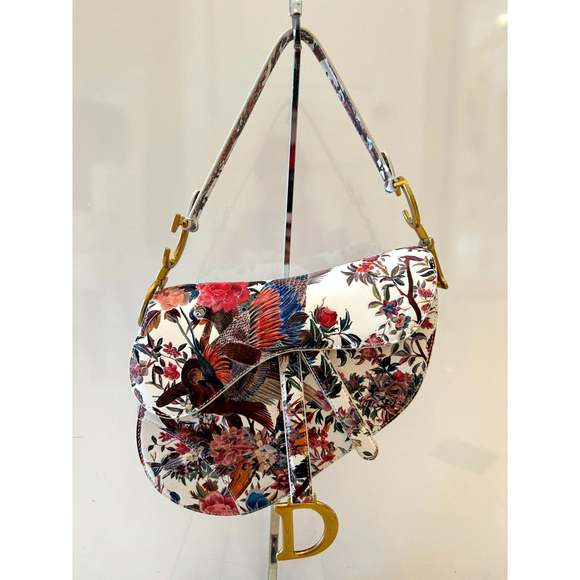 Dior Rare Floral and Bird Print Leather Saddle Bag Gold - Picture 1 of 9